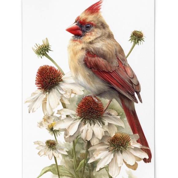 Watercolor Female Cardinal Bird with Coneflowers Wall Art Print Unframed - Picture 2 of 7